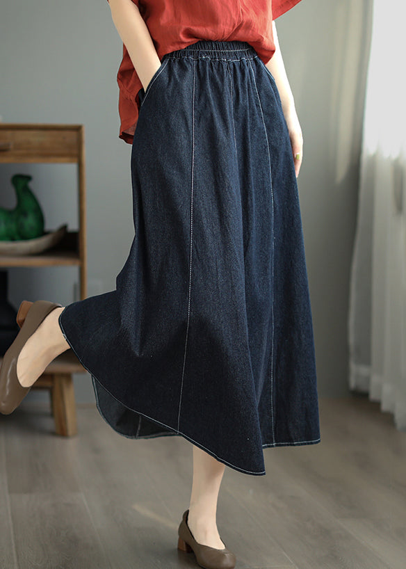 Loose Navy Pockets Elastic Waist Patchwork Skirt Fall