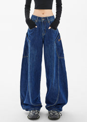 Loose Navy Pockets Wide Leg Denim Pants Spring