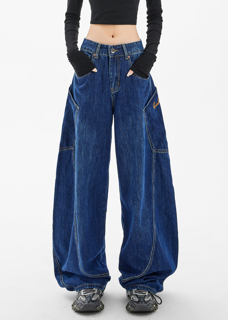 Loose Navy Pockets Wide Leg Denim Pants Spring