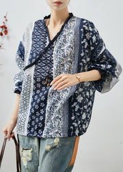 Loose Navy Print Cotton Blouse Top Spring