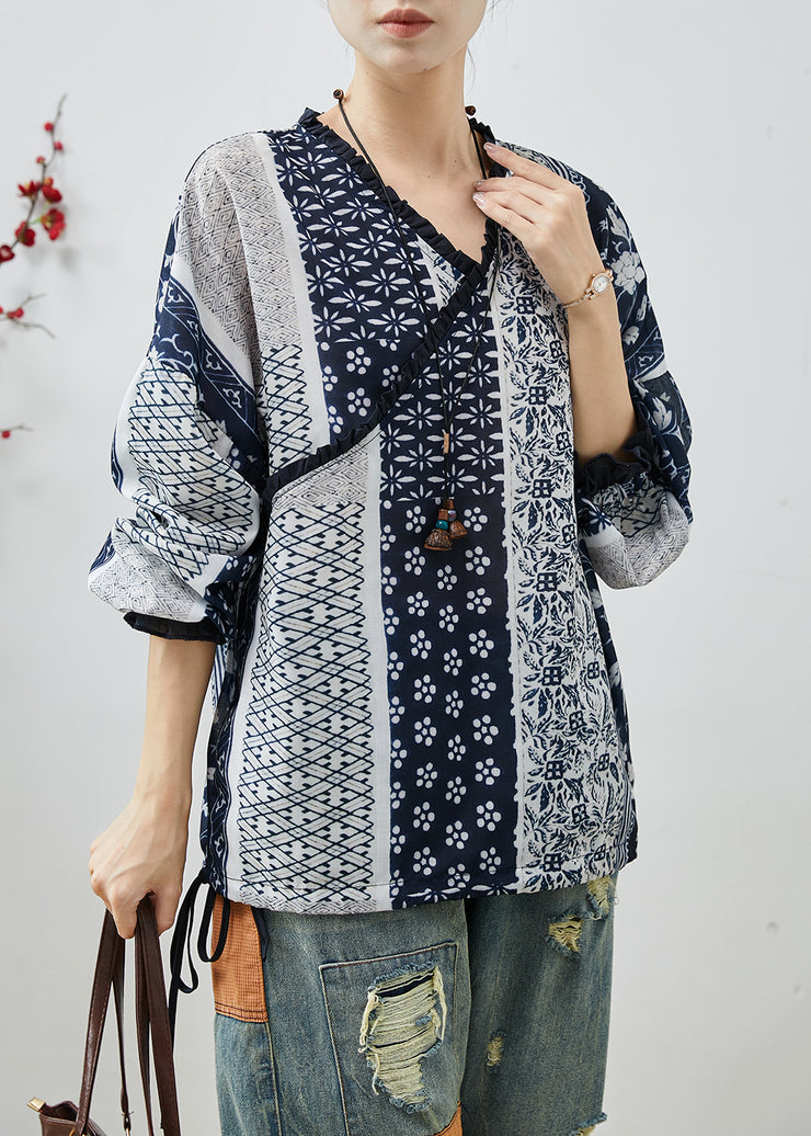 Loose Navy Print Cotton Blouse Top Spring