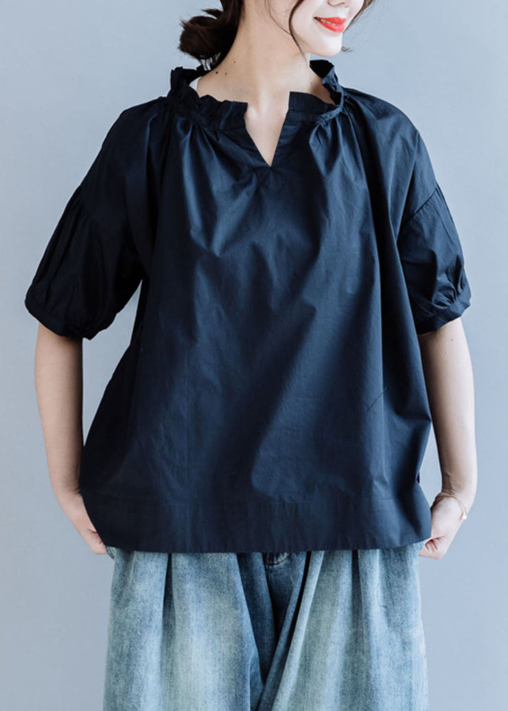 Loose Navy Ruffled Solid Color Cotton Shirt Tops Short Sleeve