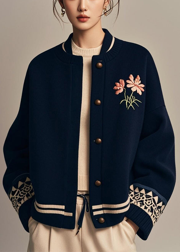 Loose Navy Stand Collar Button Print Cotton Coat Winter