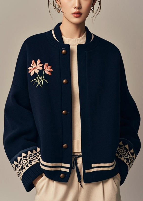 Loose Navy Stand Collar Button Print Cotton Coat Winter