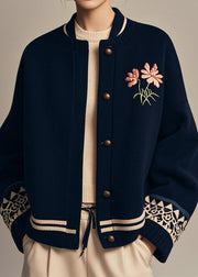 Loose Navy Stand Collar Button Print Cotton Coat Winter