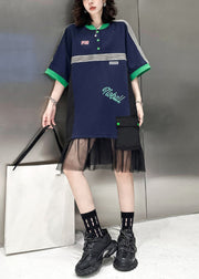 Loose Navy Stand Collar Pockets Tulle Patchwork Mid Dress Half Sleeve