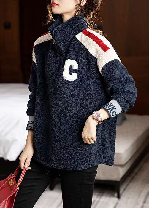 Loose Navy Stand Collar Zip Up Patchwork Teddy Faux Fur Tops Winter