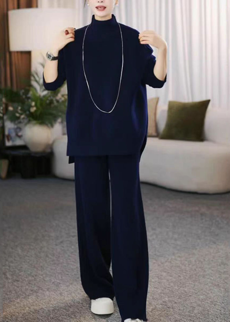 Loose Navy Turtleneck Cotton Knit Sweaters And Wide Leg Pants Two Piece Set Winter