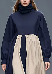 Loose Navy Turtleneck Patchwork Cotton Long Dress Fall