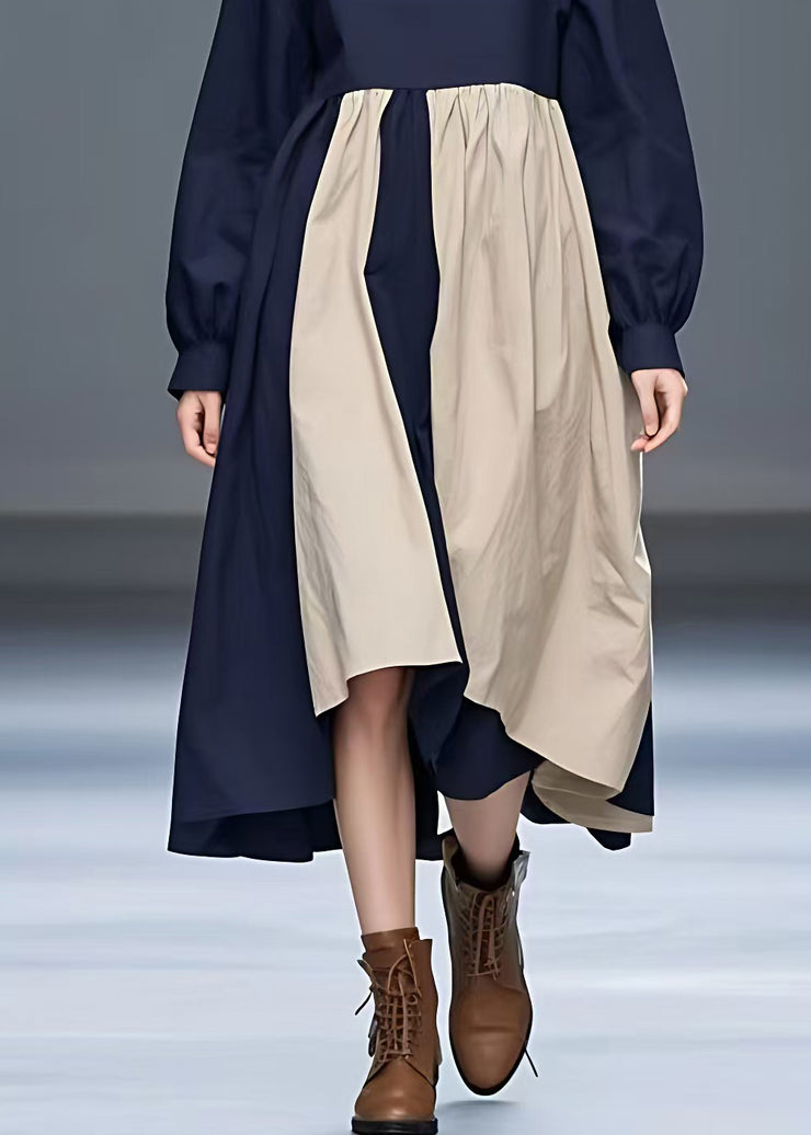 Loose Navy Turtleneck Patchwork Cotton Long Dress Fall