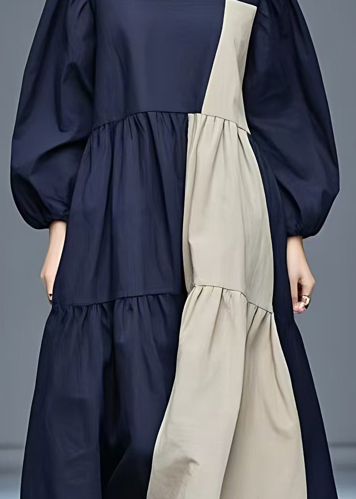 Loose Navy Turtleneck Patchwork Long Dress Fall