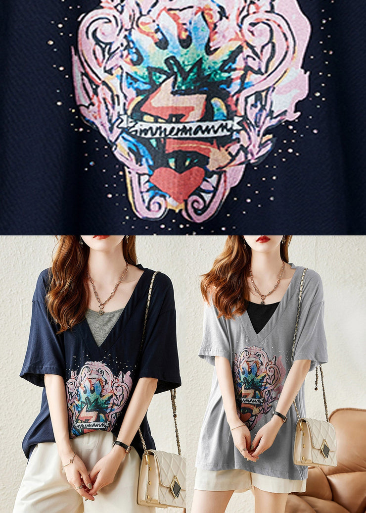 Loose Navy V Neck Print Cotton T Shirt Summer