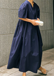 Loose Navy V Neck Wrinkled Button Cotton Maxi Dresses Short Sleeve