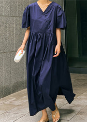 Loose Navy V Neck Wrinkled Button Cotton Maxi Dresses Short Sleeve