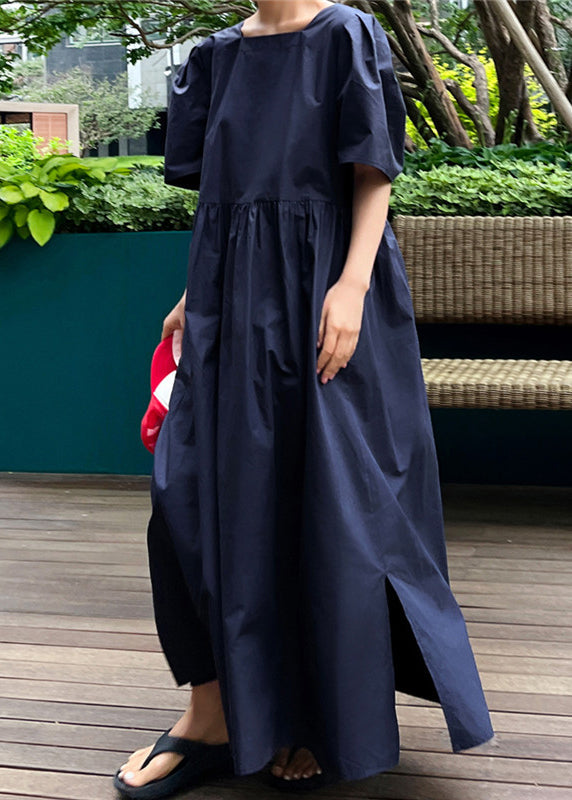 Loose Navy V Neck Wrinkled Button Cotton Maxi Dresses Short Sleeve