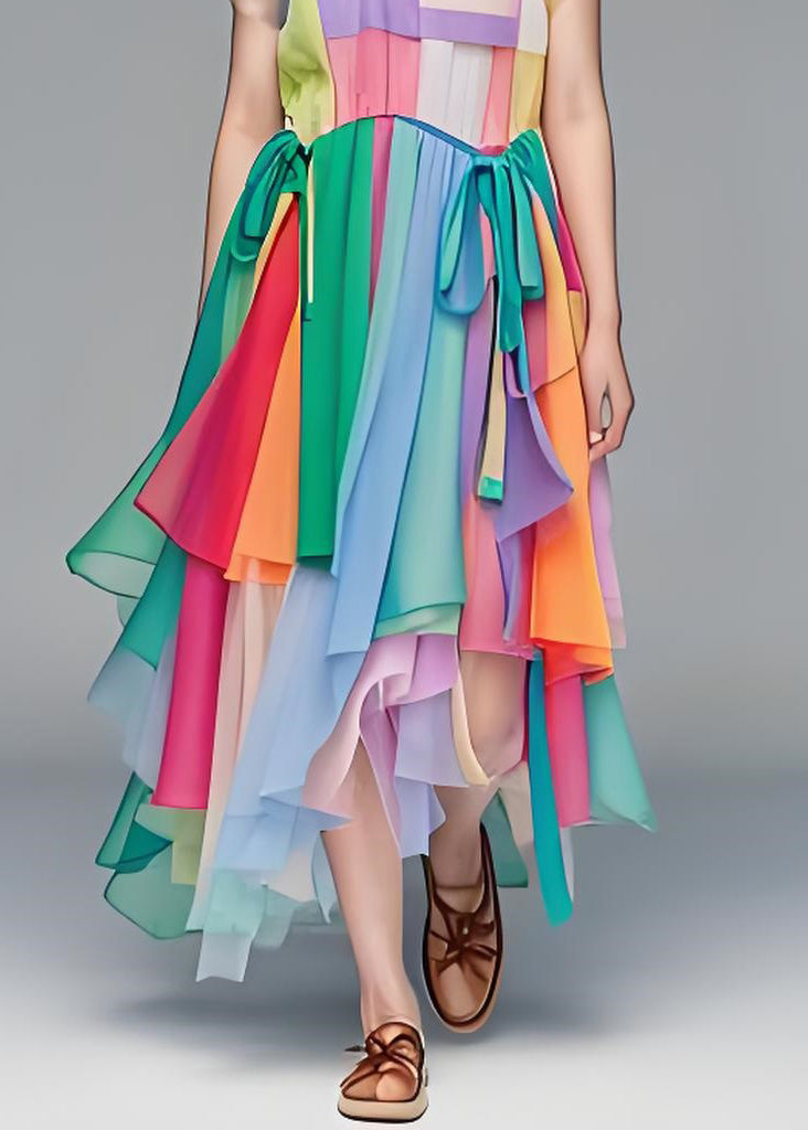 Loose O Neck Asymmetrical Design Tulle Patchwork Cotton Dress Summer