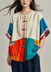 Loose O Neck Patchwork Chinese Button Cotton Shirt Summer