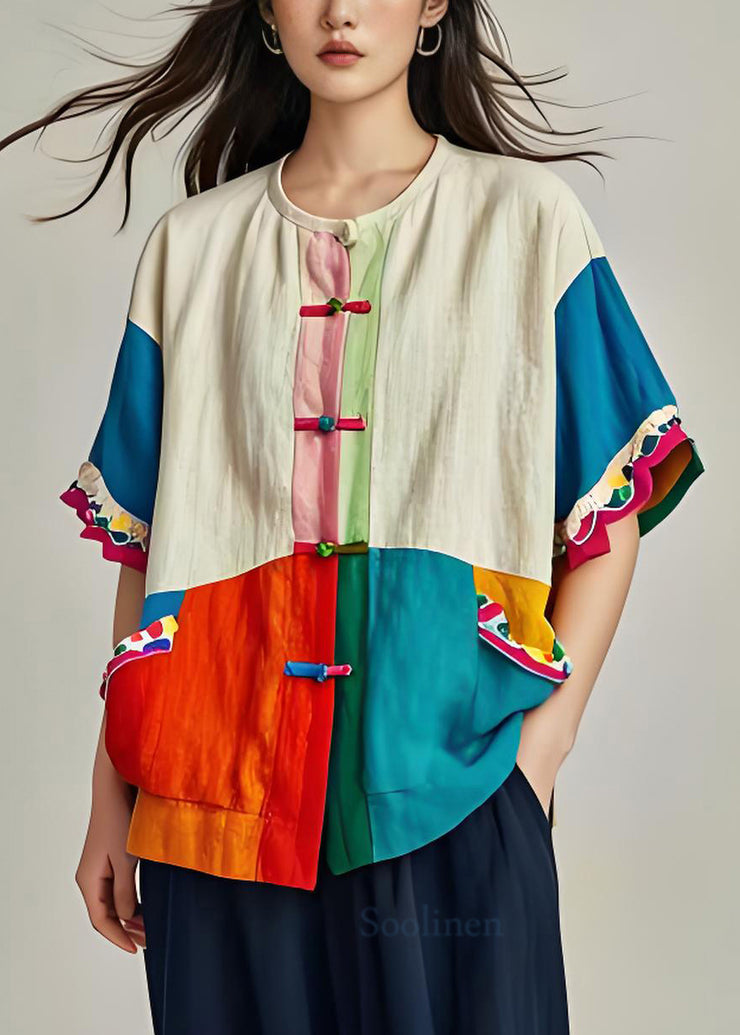Loose O Neck Patchwork Chinese Button Cotton Shirt Summer