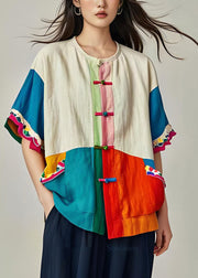 Loose O Neck Patchwork Chinese Button Cotton Shirt Summer