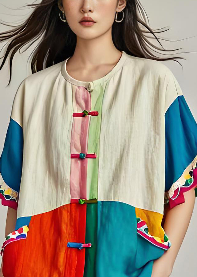 Loose O Neck Patchwork Chinese Button Cotton Shirt Summer