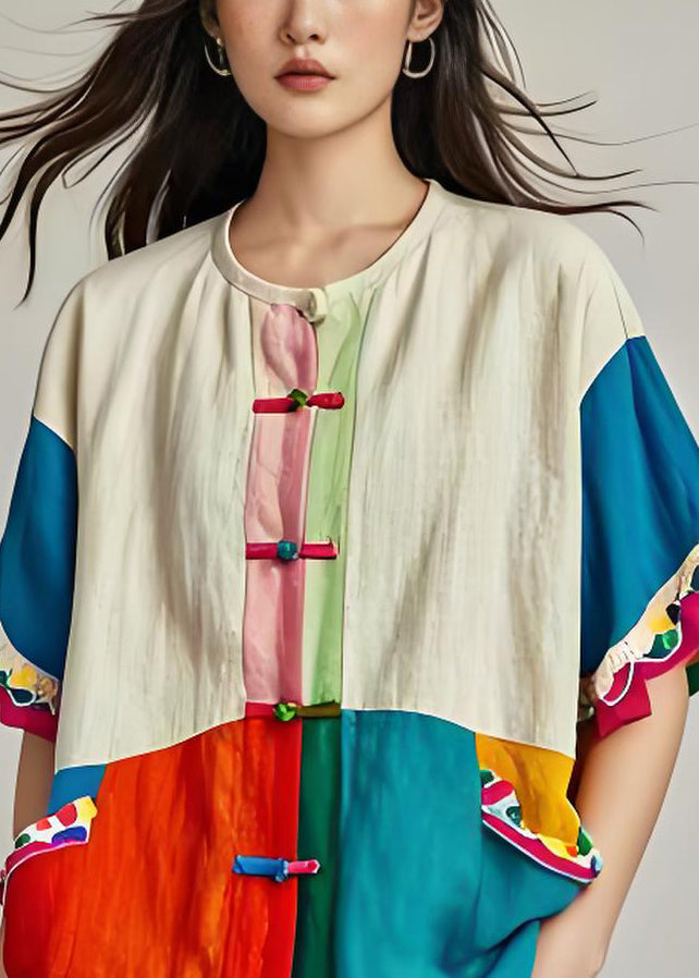 Loose O Neck Patchwork Chinese Button Cotton Shirt Summer