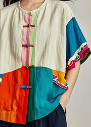 Loose O Neck Patchwork Chinese Button Cotton Shirt Summer