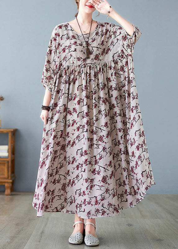 Loose O-Neck Patchwork Wrinkled Cotton Long Dress Summer