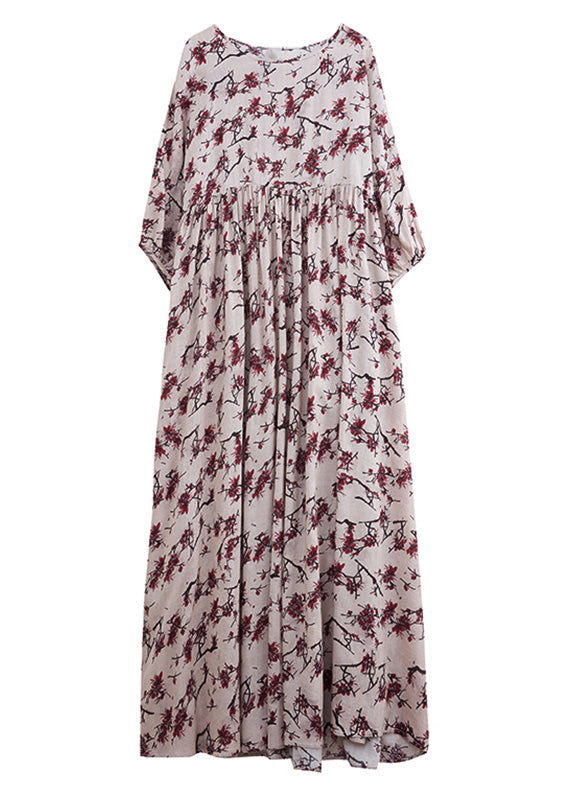 Loose O-Neck Patchwork Wrinkled Cotton Long Dress Summer