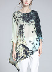 Loose O Neck Print Silk T Shirt Batwing Sleeve