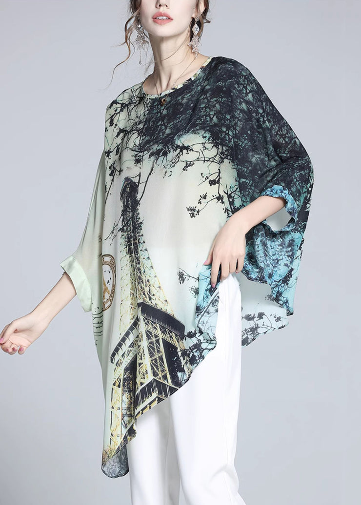 Loose O Neck Print Silk T Shirt Batwing Sleeve