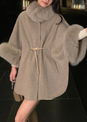 Loose Oatmeal Fur Collar Sashes Woolen Coat Spring