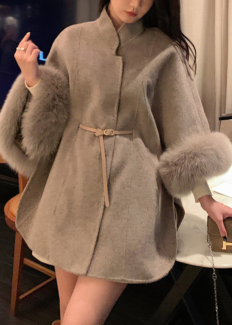 Loose Oatmeal Fur Collar Sashes Woolen Coat Spring