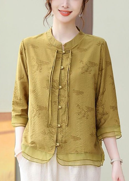 Loose Yellow texture Button Print Cotton Shirt Bracelet Sleeve