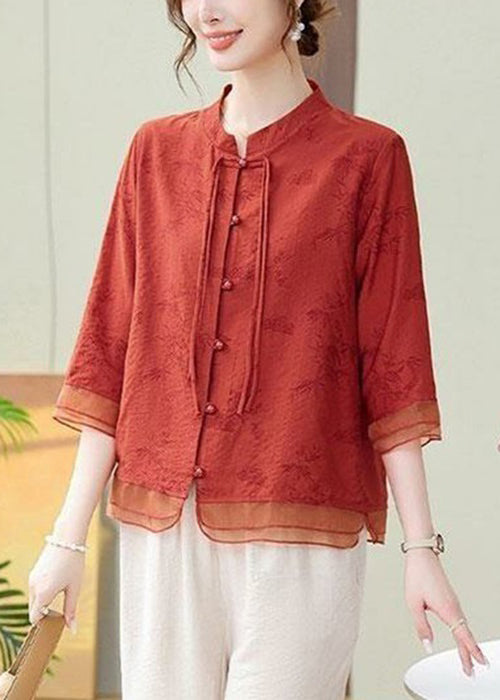 Loose Orange Button Print Cotton Shirt Bracelet Sleeve