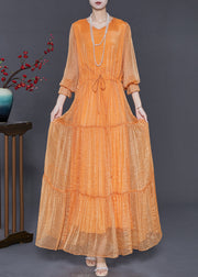 Loose Orange Cinched Chiffon Party Dress Spring