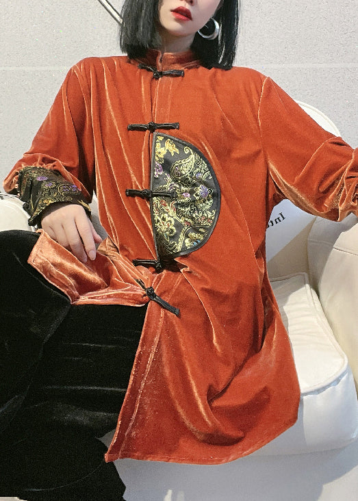Loose Orange Embroidered Button Silk Velour Shirt Long Sleeve