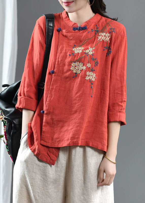 Loose Gray texture Embroidered Floral Linen Top Half Sleeve