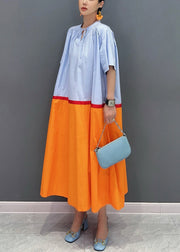 Loose Orange Lace Up Patchwork Cotton Long Dresses Summer