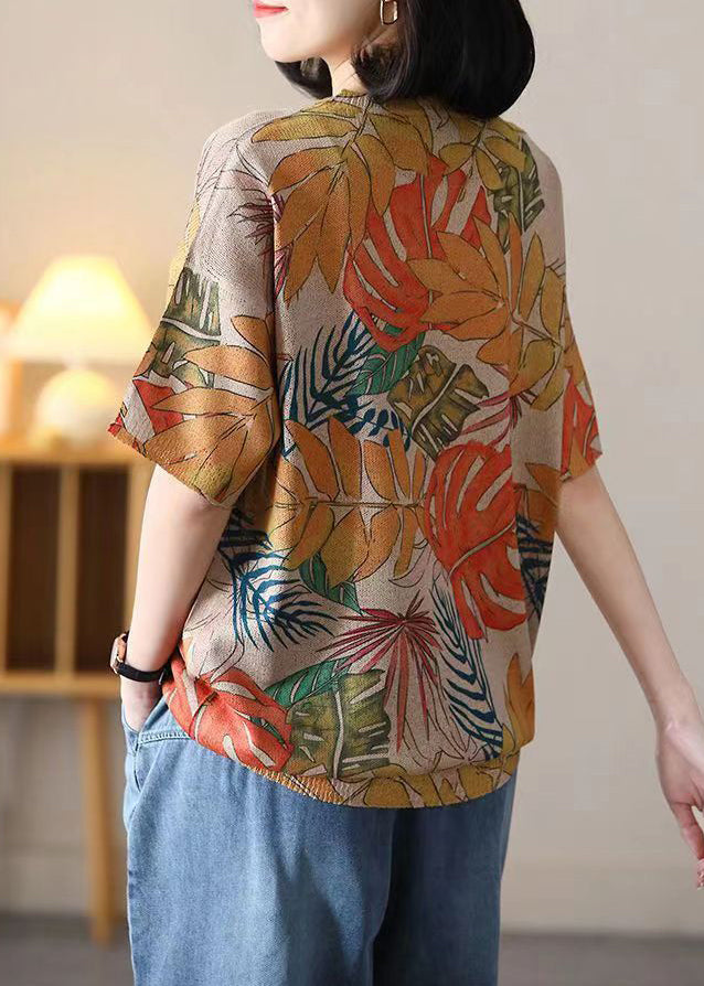 Loose Orange O Neck Print Cotton Knit T Shirt Summer