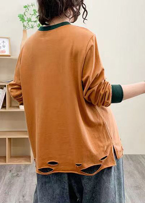 Loose Orange O Neck Print Cotton T Shirt Fall