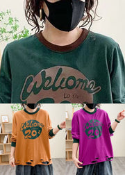 Loose Orange O Neck Print Cotton T Shirt Fall