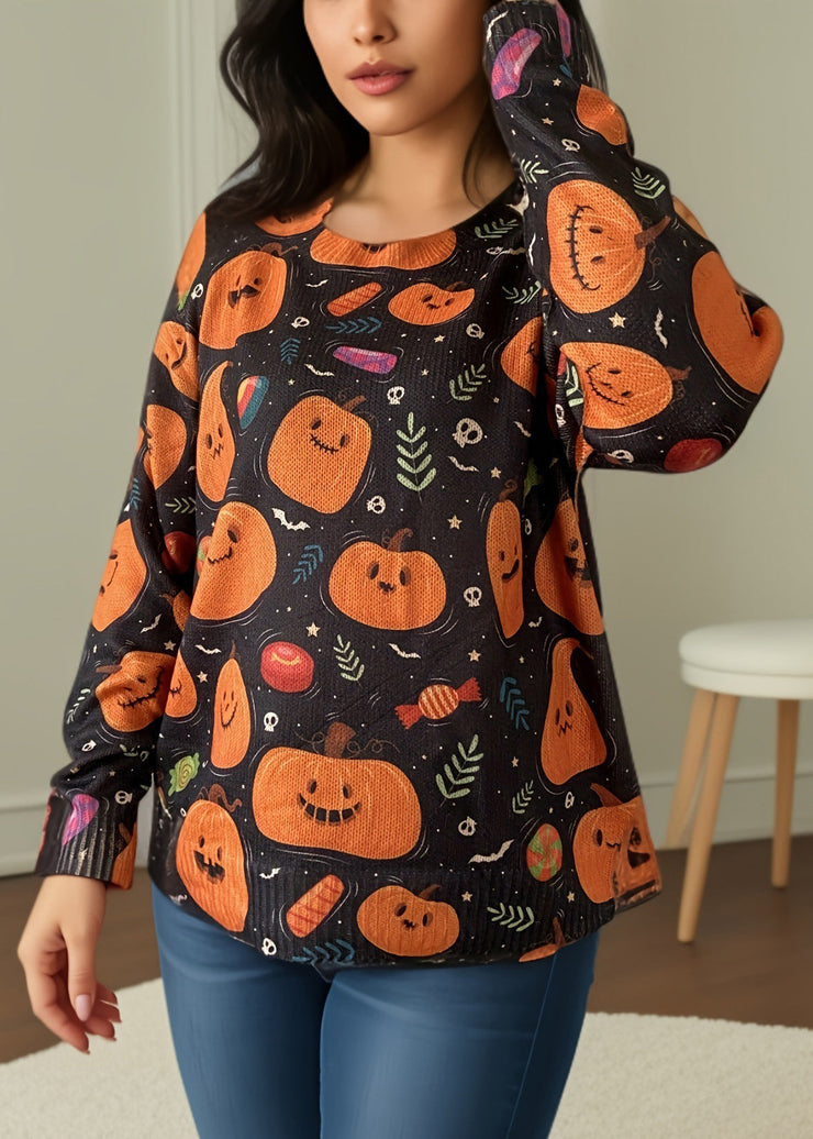 Loose Orange O Neck Print Knitting Cotton Top Long Sleeve