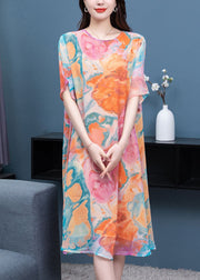 Loose Orange O Neck Print Patchwork Chiffon Mid Dress Summer