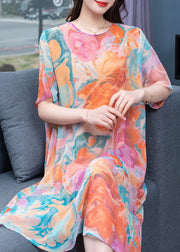 Loose Orange O Neck Print Patchwork Chiffon Mid Dress Summer