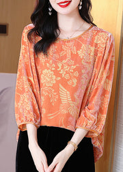 Loose Orange O Neck Print Patchwork Silk Velour Shirt Tops Fall