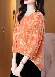 Loose Orange O Neck Print Patchwork Silk Velour Shirt Tops Fall