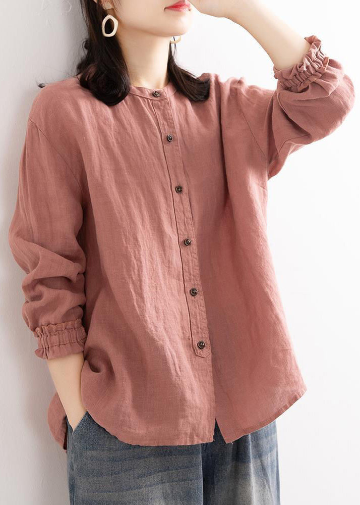 Loose Orange O Neck Ruffled Button Linen Blouses Long Sleeve