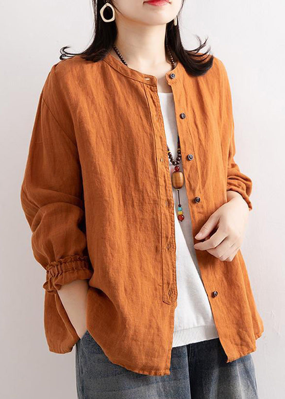 Loose Orange O Neck Ruffled Button Linen Blouses Long Sleeve