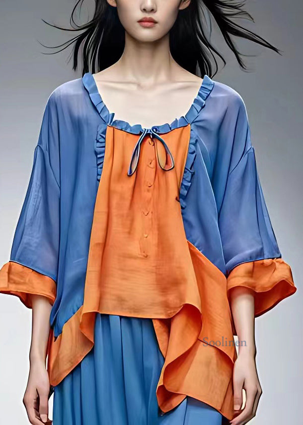 Loose Orange O-Neck Ruffled Patchwork Tie Lace Tops Fall