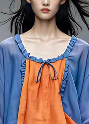 Loose Orange O-Neck Ruffled Patchwork Tie Lace Tops Fall